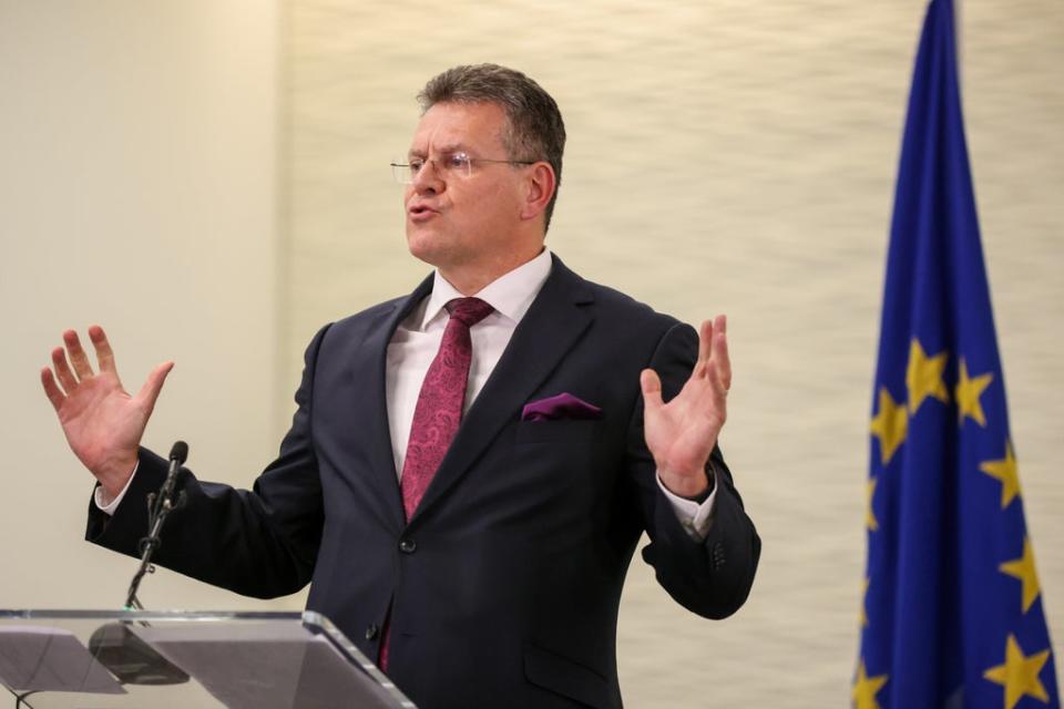 Maros Sefcovic after a meeting at Lancaster House in London, the fourth meeting to be held to attempt to resolve issues with the Northern Ireland Protocol (Hollie Adams/PA) (PA Wire)