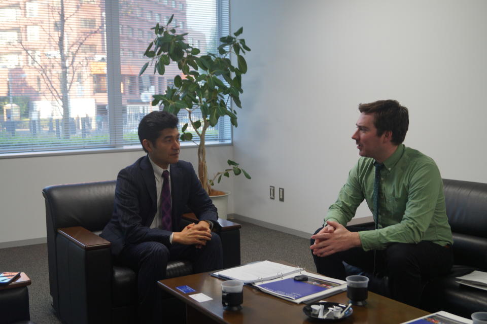 <p>Narushige Michishita, left, specializes in Japanese defense, foreign policy and security issues on the Korean peninsula at the National Graduate Institute for Policy Studies in Minato, Tokyo. Yahoo News journalist Michael Walsh, right, interviews Michishita on campus. (Photo: Michael Walsh/Yahoo News) </p>