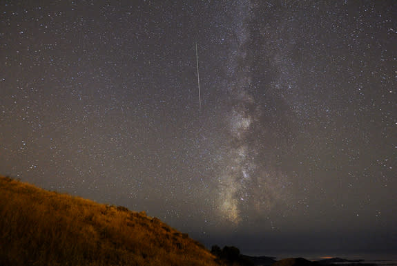 Night sky watcher Vaibhav Tripathi took this photo of a Perseid meteor from the Santa Cruz Mountains near Palo Alto, Calif. on August 12, 2012.