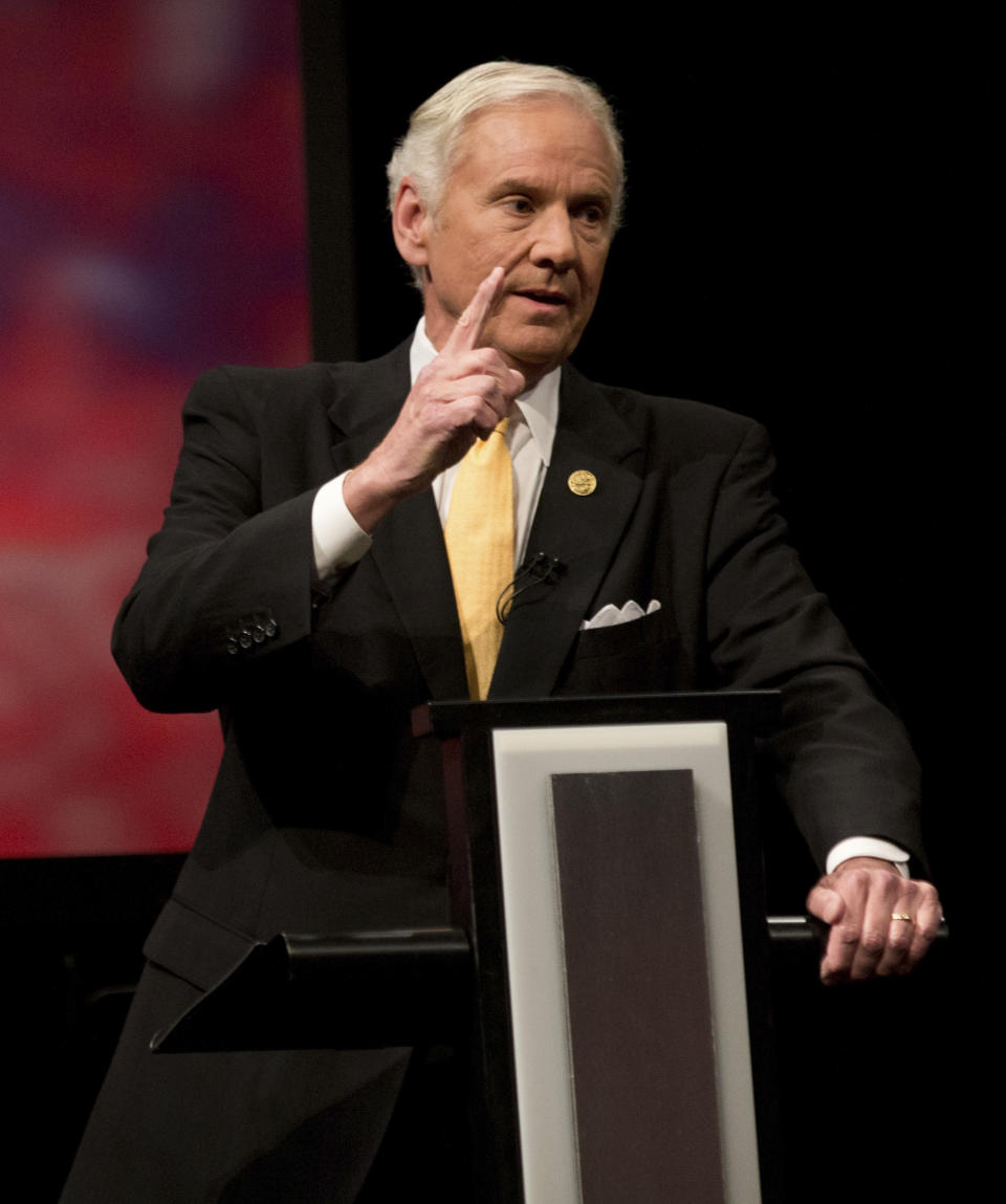 Republican Gov. Henry McMaster speaks during the South Carolina governor debate, Wednesday, Oct. 17, 2018 at Francis Marion University Performing Arts Center in Florence, S.C. Republican Gov. Henry McMaster and Democratic state Rep. James Smith met in Florence on Wednesday for the first of two general election debates. (Andrew J. Whitaker/The Post And Courier via AP)