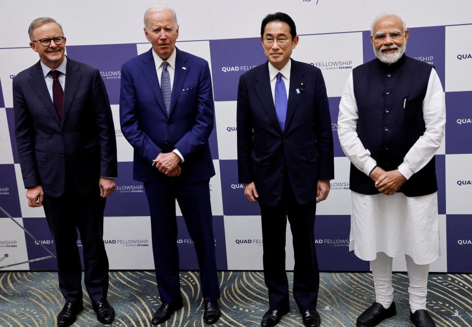 Japan's Prime Minister Fumio Kishida, U.S. President Joe Biden, India's Prime Minister Narendra Modi and Australia's Prime Minister Anthony Albanese arrive to deliver their Quad Fellowship Announcement after meeting at Kantei Palace in Tokyo, Japan, May 24, 2022. REUTERS/Jonathan Ernst