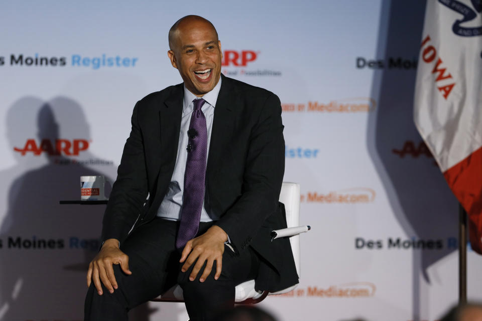 Democratic presidential candidate Sen. Cory Booker speaks during a presidential candidates forum sponsored by AARP and The Des Moines Register, Monday, July 15, 2019, in Des Moines, Iowa. (AP Photo/Charlie Neibergall)