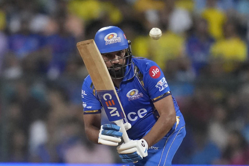 Mumbai Indians' Rohit Sharma plays a shot during the Indian Premier League cricket match between Mumbai Indians' and Chennai Super Kings' in Mumbai, India, Sunday, April. 14, 2024.(AP Photo/ Rafiq Maqbool)