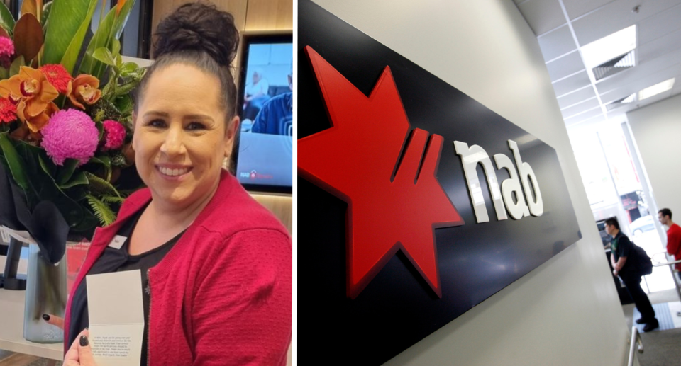 NAB customer advisor Nikki Alvaro who detected the scam next to a NAB sign