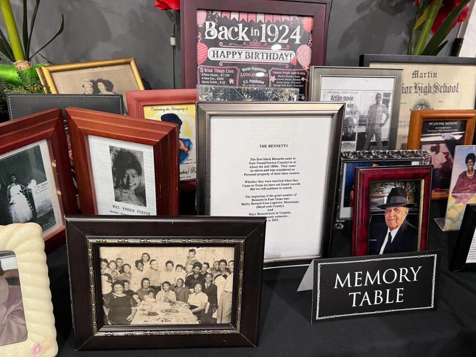 A memory table features various keepsakes during WWII veteran Glendell Bennett’s 100th birthday celebration on Saturday, March 2, 2024. At the Embassy Suites by Hilton Lexington Green, Lexington, Ky.