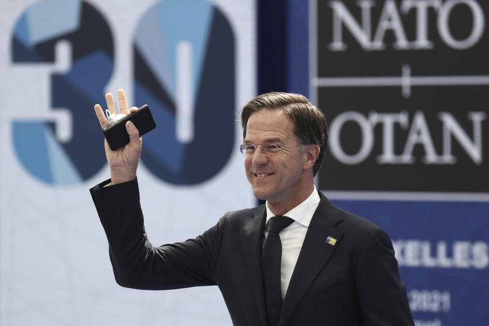 Dutch Prime Minister Mark Rutte arrives for a NATO summit at NATO headquarters in Brussels, Monday, June 14, 2021. U.S. President Joe Biden is taking part in his first NATO summit, where the 30-nation alliance hopes to reaffirm its unity and discuss increasingly tense relations with China and Russia, as the organization pulls its troops out after 18 years in Afghanistan. (Kenzo Tribouillard, Pool via AP)