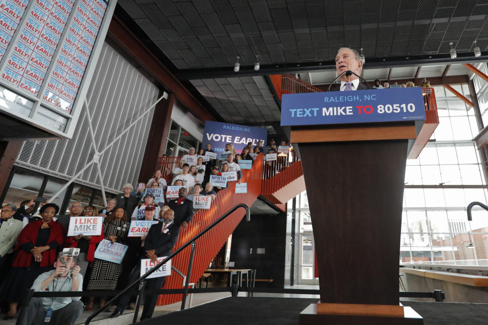 Democratic presidential candidate and former New York City Mayor Mike Bloomberg speaks at a campaign event in Raleigh, N.C., Thursday, Feb. 13, 2020. (AP Photo/Gerald Herbert)