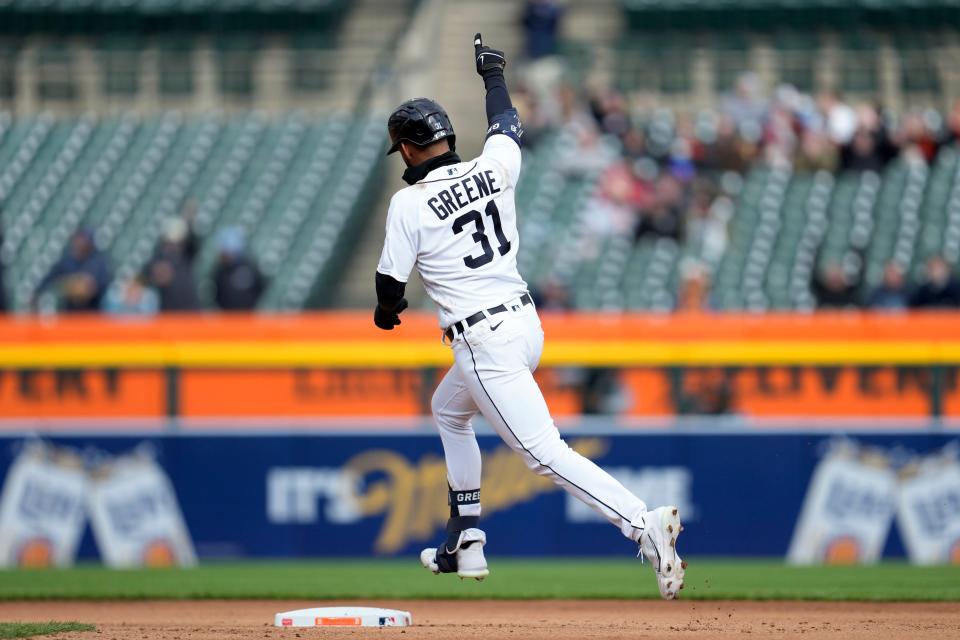 Detroit Tigers' Riley Greene reacts to hitting a home run against the Cleveland Guardians in the sixth inning of the second game of a doubleheader at Comerica Park in Detroit on Tuesday, April 18, 2023.