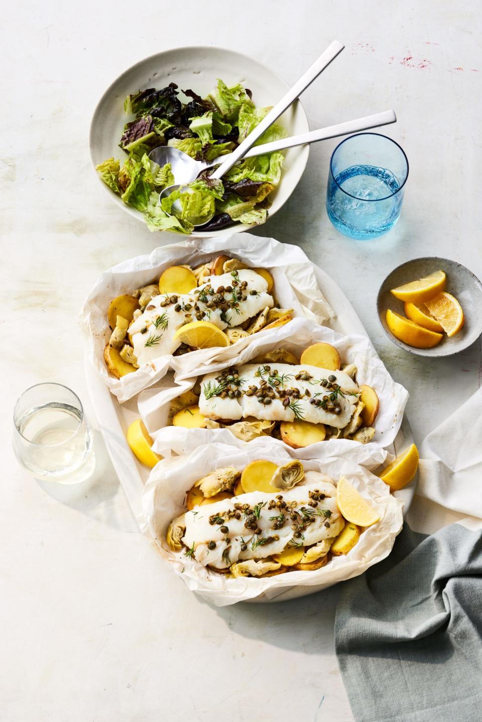 Lemony Baked Cod, Potatoes, and Artichokes in Parchment