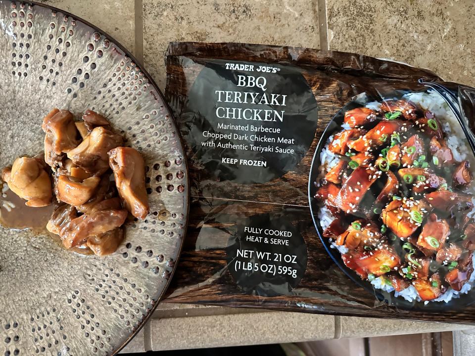 Prepared teriyaki chicken next to package of Trader Joe's BBQ teriyaki chicken