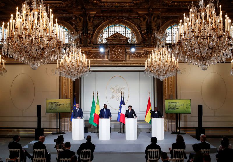 French President Macron addresses press conference on French engagement in Sahel at the Elysee Palace, in Paris