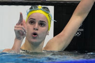 Kaylee Mckeown, of Australia, celebrates after winning the gold medal in the women's 200-meter backstroke final at the 2020 Summer Olympics, Saturday, July 31, 2021, in Tokyo, Japan. (AP Photo/Gregory Bull)