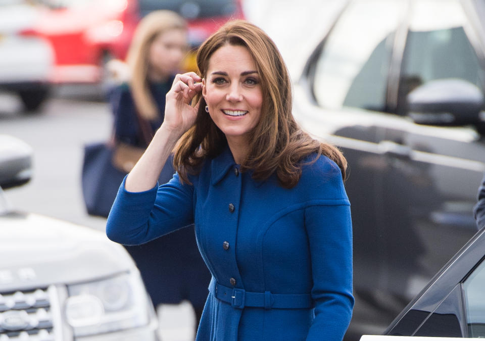 The Duchess of Cambridge recycled a a blue Eponine coat dress during an appearance today. Source: Getty