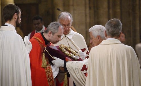 <span class="caption">Holy Crown of Thorns worn by Jesus Christ is presented for in a special service at Notre Dame Cathedral, June 2017.</span> <span class="attribution"><span class="source">Damann via Shutterstock</span></span>