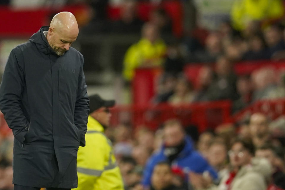 Manchester United's head coach Erik ten Hag reacts after Newcastle's Joe Willock scoring his side's third goal during the EFL Cup fourth round soccer match between Manchester United and Newcastle at Old Trafford stadium in Manchester, England, Wednesday, Nov. 1, 2023. (AP Photo/Dave Thompson)