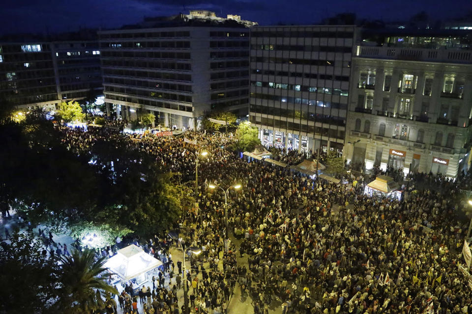 Protesters gather in front of the Finance Ministry in Athens.
