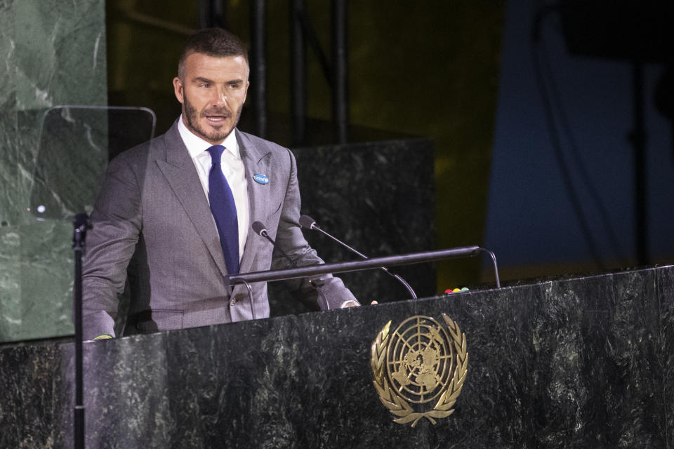 UNICEF Goodwill Ambassador David Beckham addresses a High-level meeting on the occasion of the 30th anniversary of the adoption of the Convention on the Rights of the Child, Wednesday, Nov. 20, 2019 at United Nations headquarters. (AP Photo/Mary Altaffer)