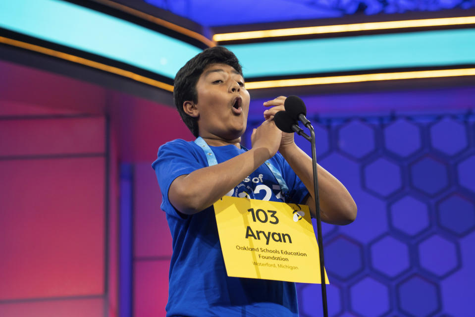 Aryan Khedkar, 12, from Rochester, Hills Mich., competes during the Scripps National Spelling Bee, Wednesday, May 31, 2023, in Oxon Hill, Md. (AP Photo/Nathan Howard)