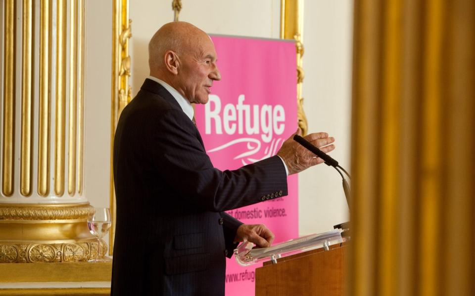 Sir Patrick Stewart speaking at an event for Refuge - Julian Nieman