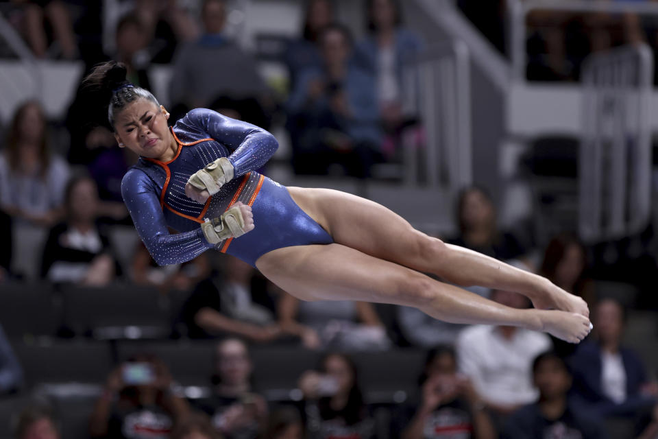 Suni Lee competes in the vault at the U.S. Gymnastics Championships, Friday, Aug. 25, 2023, in San Jose, Calif. (AP Photo/Jed Jacobsohn)