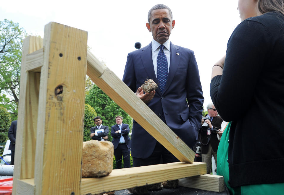 US President Barack Obama looks at science fair projects in the East Garden of the White House in Washington, DC, on April 22, 2013. Obama hosted the White House Science Fair and celebrated the student winners of a broad range of science, technology, engineering and math (STEM) competitions from across the country. AFP PHOTO/Jewel Samad