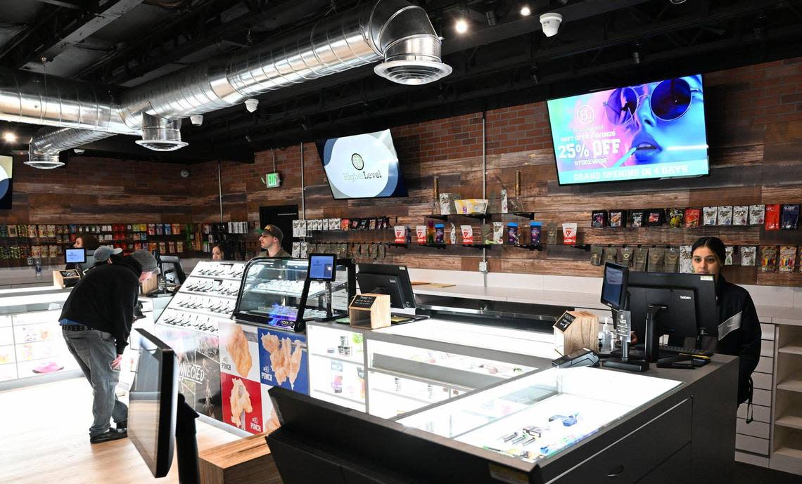 The interior of Higher Level, Fresno‘s newest cannabis dispensary features a clean decor with natural wood siding. Photographed Monday, Feb 12, 2024 in Fresno.