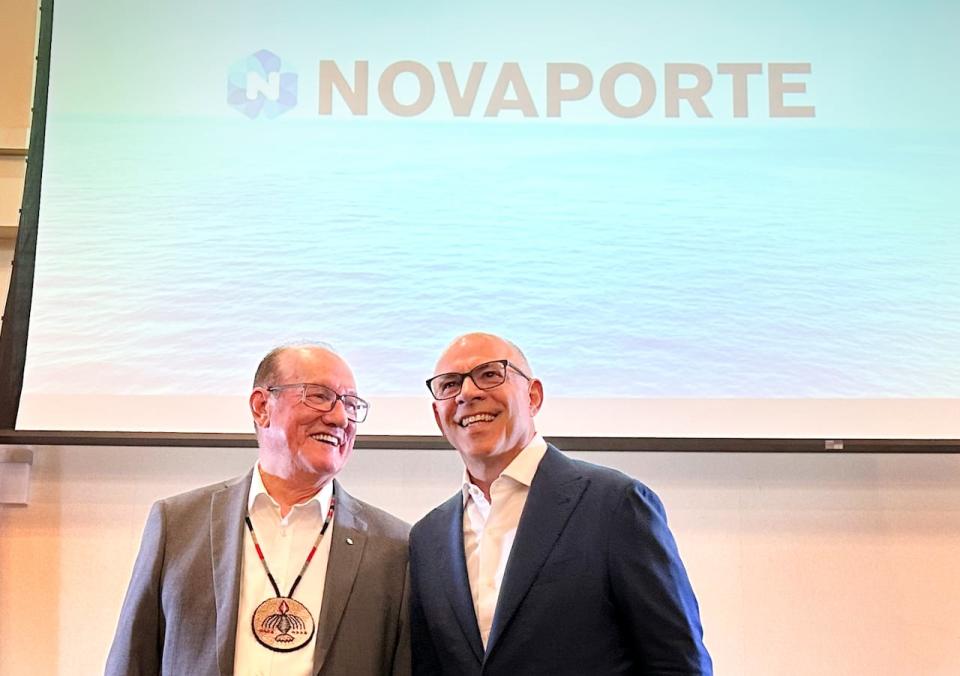 Membertou Chief Terry Paul, left, seen in a file photo with Novaporte CEO Albert Barbusci, says it is encouraging to see the business of offshore wind marshalling beginning in Sydney Harbour.