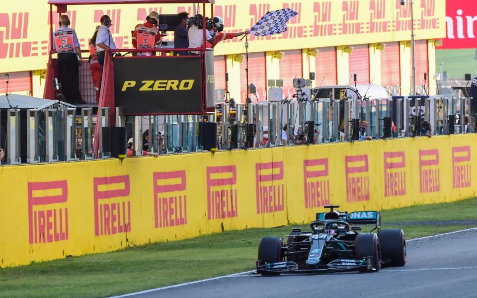 Mercedes' British driver Lewis Hamilton finishes to win the Tuscany Formula One Grand Prix at the Mugello circuit in Scarperia e San Piero on September 13, 2020. - JENNIFER LORENZINI/POOL/AFP via Getty Images