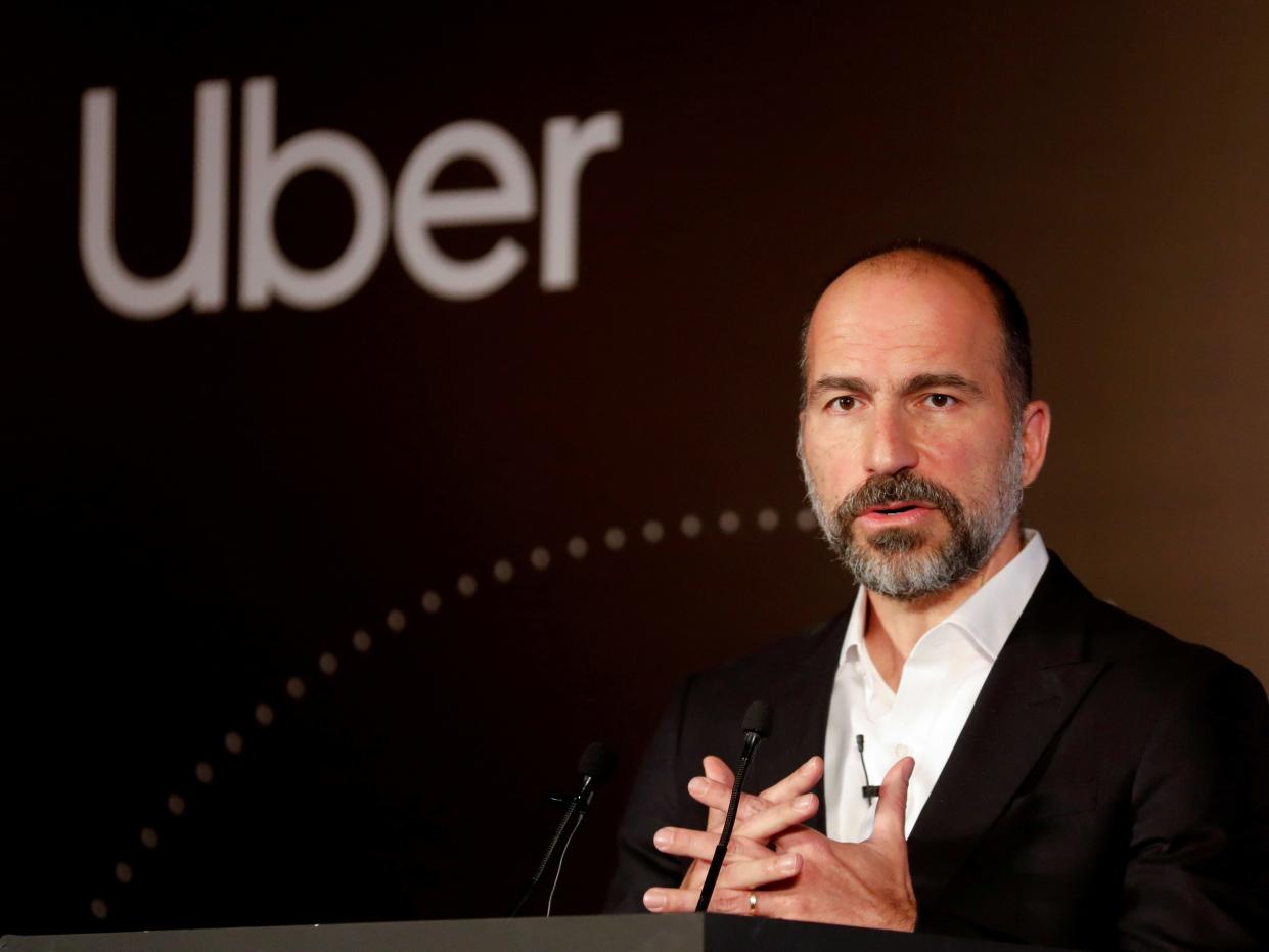 FILE PHOTO: Uber CEO Dara Khosrowshahi speaks to the media at an event in New Delhi, India, October 22, 2019. REUTERS/Anushree Fadnavis/File Photo