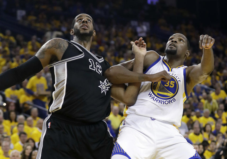 LaMarcus Aldridge (left) and Kevin Durant (right) will headline a series without Stephen Curry and Kawhi Leonard. (AP)