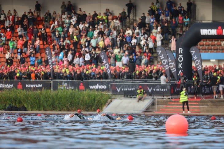 Athletes figure out how to draft in the swim at a triathlon