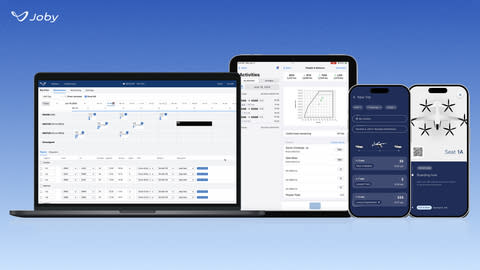 Joby’s proprietary ElevateOS air taxi software system includes an operations core, a pilot app, and a consumer friendly rider app, from left to right, all of which have been FAA-authorized for use by Joby’s Part 135 organization. Joby Aviation Image