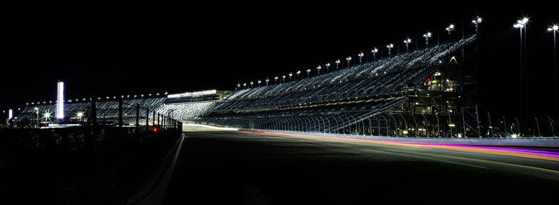 Under the lights at Daytona International Speedway.