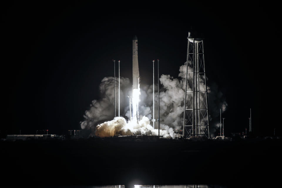 Northrup Grumman's Antares rocket lifts off the launch pad at the NASA Wallops test flight facility, Friday, Oct. 2, 2020, in Wallops Island, Va. The rocket will deliver supplies to the International Space Station (Thom Baur/Northrup Grumman via AP )