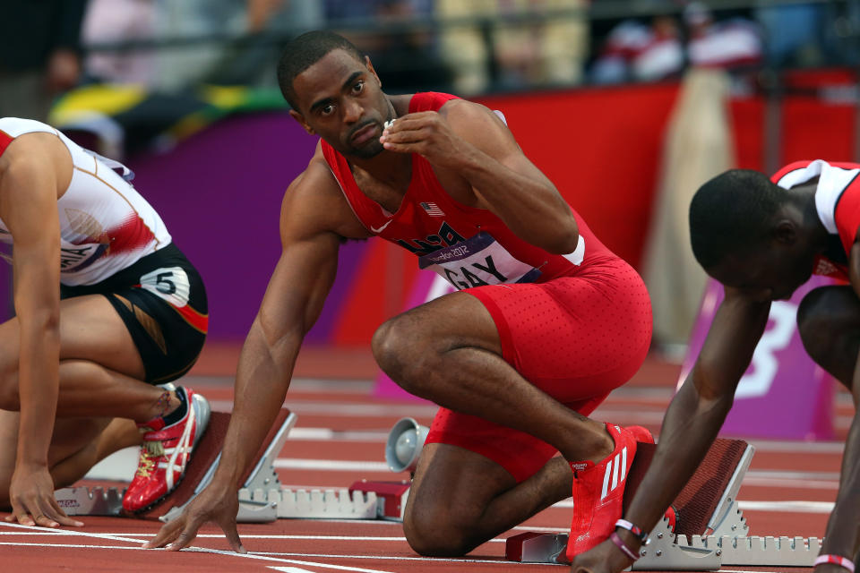 Tyson Gay of the United States competes in the Men's 100m Semi Final during the Women's Marathon on Day 9 of the London 2012 Olympic Games on August 5, 2012 in London, England. (Getty Images)