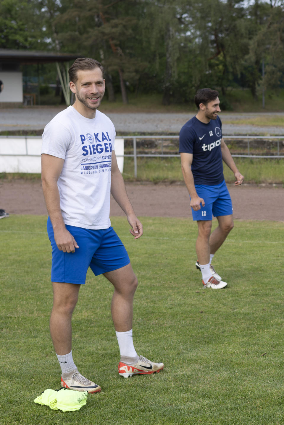 Makkabi Berlin captain Doron Bruck during training in Berlin, Germany, Tuesday, May 21, 2024. Makkabi became the first Jewish club to play in the German Cup and it's bidding to reach the competition again on Saturday, May 25, when it plays Victoria Berlin in the Berlin Cup final. (AP Photo/Ciaran Fahey)