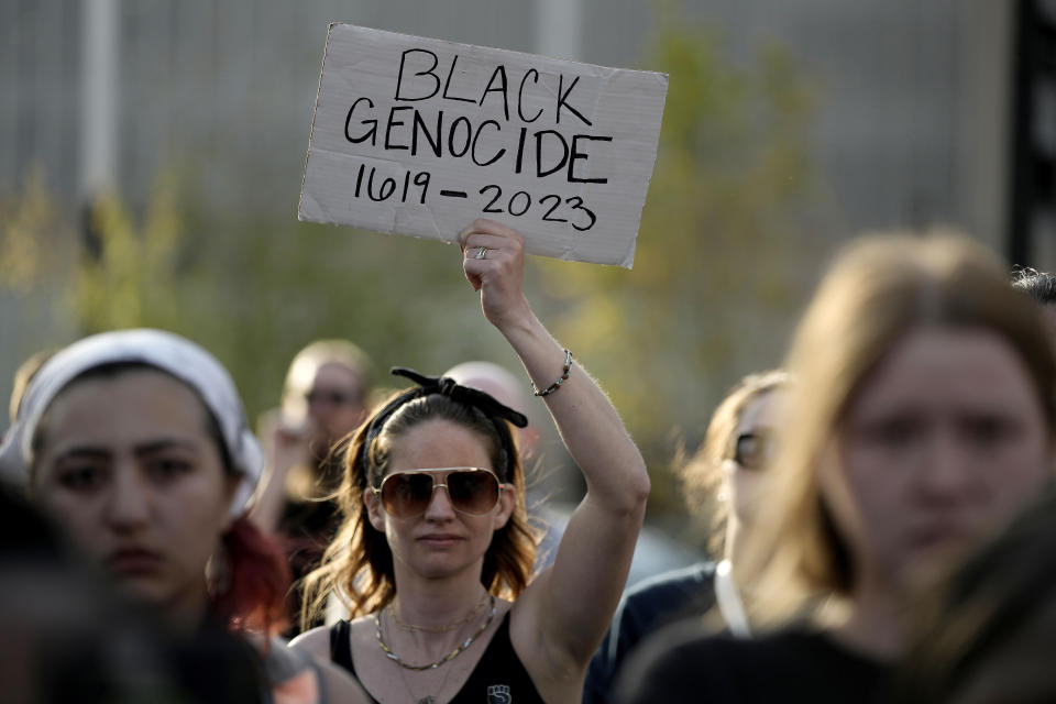 People attend a rally to support Ralph Yarl, Tuesday, April 18, 2023, in Kansas City, Mo. Yarl, a Black teenager, was shot last week by an 84-year-old white homeowner when he mistakenly went to the wrong address to pick up his younger brothers. (AP Photo/Charlie Riedel)