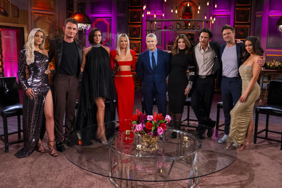 (L-R) Lala Kent, James Kennedy, Katie Maloney, Ariana Madix, Andy Cohen, Lisa Vanderpump, Tom Sandoval, Tom Schwartz, Scheana Shay at the 'Vanderpump Rules' Season Ten Reunion.