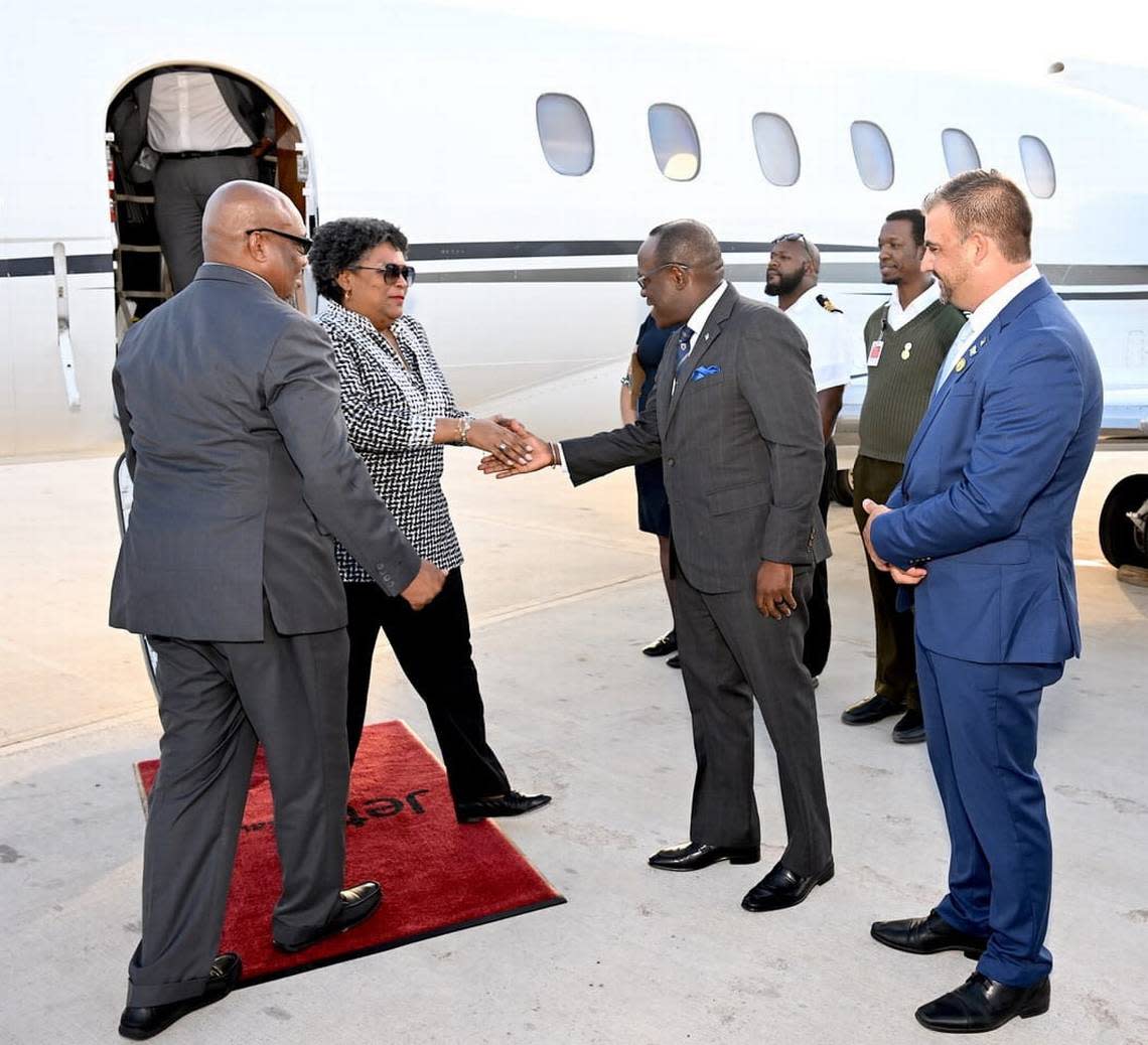 CARICOM leaders arrived in Nassau through the day, June 7, 2023, for meetings on June 8 with US Vice-President Kamala Harris. Pictured is the Prime Minister of Barbados, Mia Mottley. Vice-President Harris will meet with CARICOM leaders at Atlantis, Paradise Island.