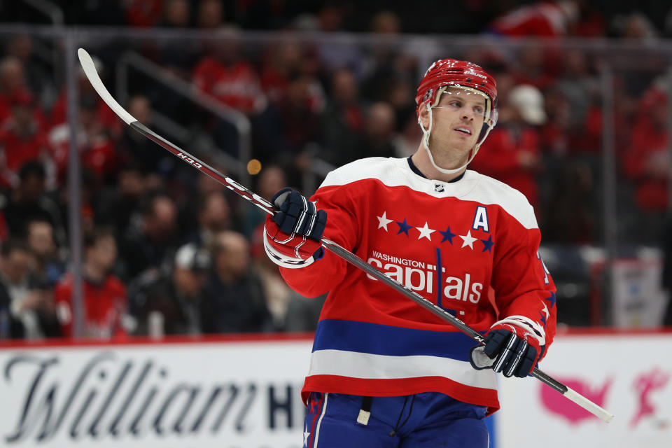 WASHINGTON, DC - MARCH 04: John Carlson #74 of the Washington Capitals looks on against the Philadelphia Flyers during the first period at Capital One Arena on March 4, 2020 in Washington, DC. (Photo by Patrick Smith/Getty Images)