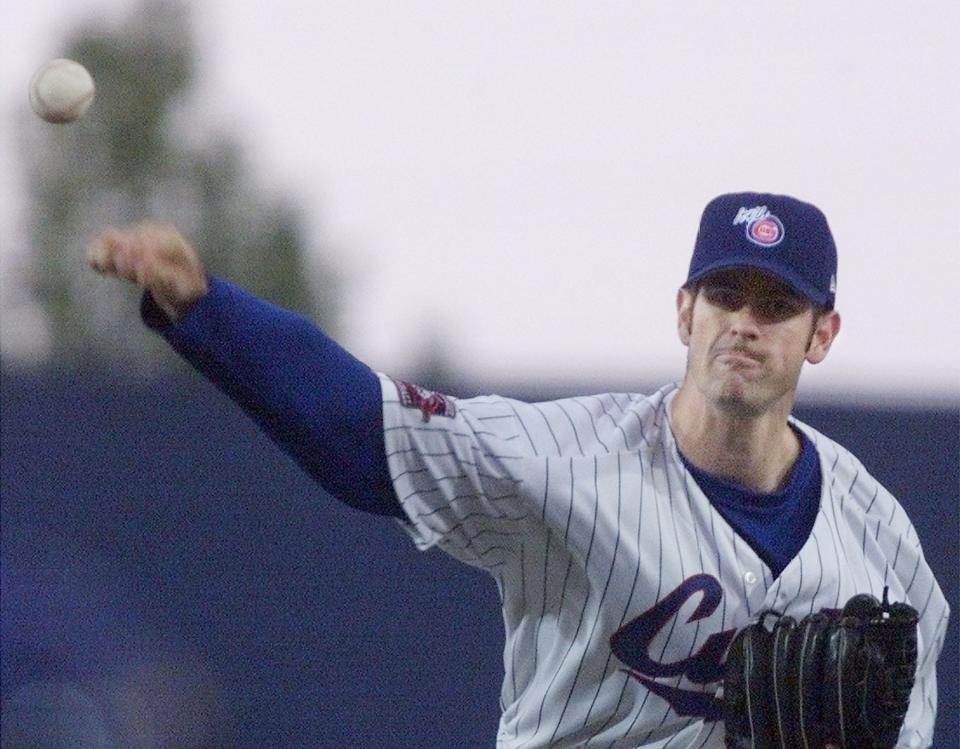Iowa Cubs pitcher Mark Prior delivers home in the first inning of the May 7, 2002, game against Tucson at Principal Park.
