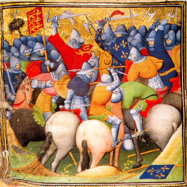 <span class="caption">The 1346 Battle of Crécy during the Hundred Years’ War.</span> <span class="attribution"><a class="link " href="https://commons.wikimedia.org/wiki/File%3ACr%C3%A9cy_-_Grandes_Chroniques_de_France.jpg" rel="nofollow noopener" target="_blank" data-ylk="slk:By Copiste inconnu via Wikimedia Commons;elm:context_link;itc:0;sec:content-canvas">By Copiste inconnu via Wikimedia Commons</a></span>