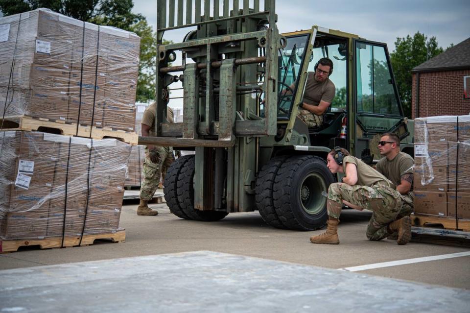 The 375th Logistics Readiness Squadron Aerial Transportation palletized a staggering 84,000 lbs of rice, all destined for Haiti.The rice will be transported from Scott Air Force Base to Joint Base Charleston and then to Port au Prince, Haiti. This carefully orchestrated effort aims to provide sustenance to 3,955 children through the Humanitarian Assistance Program. Feed My Starving Children from Schamburg, Illinois, donated food through the United States Department of Defense Humanitarian Assistance Program to help. Pictured, U.S. Air Force Staff Sgt. Caleb Polk, 375th Logistics Readiness Squadron aerial transport supervisor, uses a forklift on Scott Air Force Base. 84,000 pounds of Mannapack rice will be sent to feed 3,955 children in Port au Prince, Haiti.