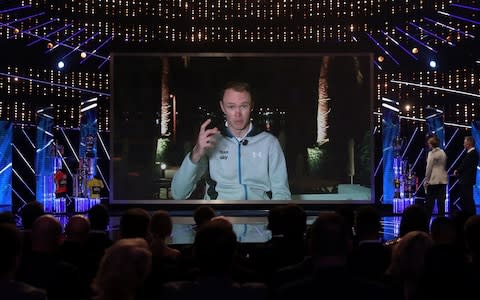 Chris Froome speaks to the SPOTY audience via video link - Credit: David Davies/PA