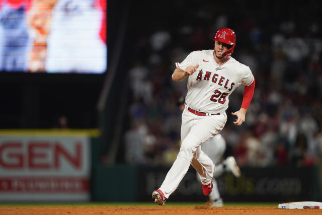 Los Angeles Angels' Shohei Ohtani wears an elbow brace during base running  drills before the Major League Baseball game against the Seattle Mariners  at Angel Stadium in Anaheim, California, United States, April