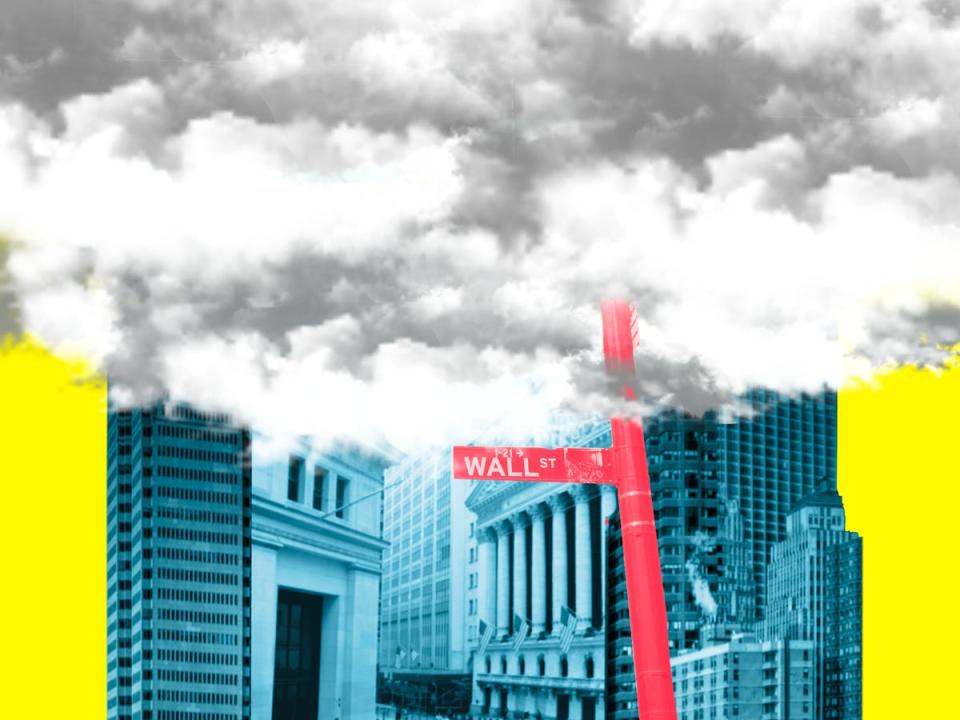 Photo illustration of New York City buildings and a Wall Street sign being covered by large clouds.