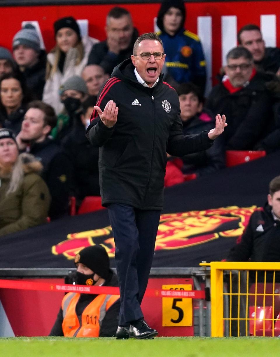 Manchester United interim manager Ralf Rangnick on the touchline during the Premier League match at Old Trafford (Martin Rickett/PA) (PA Wire)