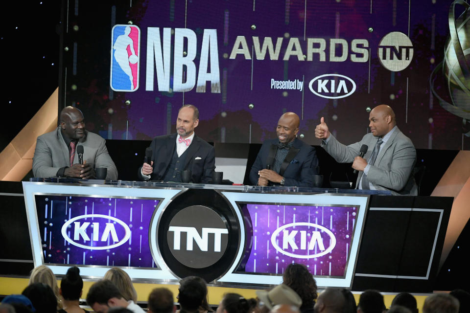 SANTA MONICA, CA - JUNE 25:  (L-R) Shaquille O'Neal, Ernie Johnson Jr., Kenny Smith, and Charles Barkley speak onstage at the 2018 NBA Awards at Barkar Hangar on June 25, 2018 in Santa Monica, California.  (Photo by Kevin Winter/Getty Images for Turner Sports)