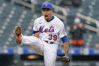 New York Mets relief pitcher Edwin Diaz reacts after striking out Arizona Diamondbacks' Daulton Varsho for the final out of a baseball game, Sunday, May 9, 2021, in New York. (AP Photo/Kathy Willens)