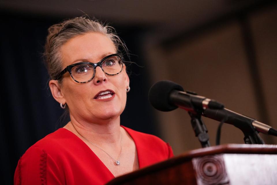 Gov. Katie Hobbs answers questions during a press conference at the Arizona Capitol on Friday, Jan. 20, 2023, in Phoenix.